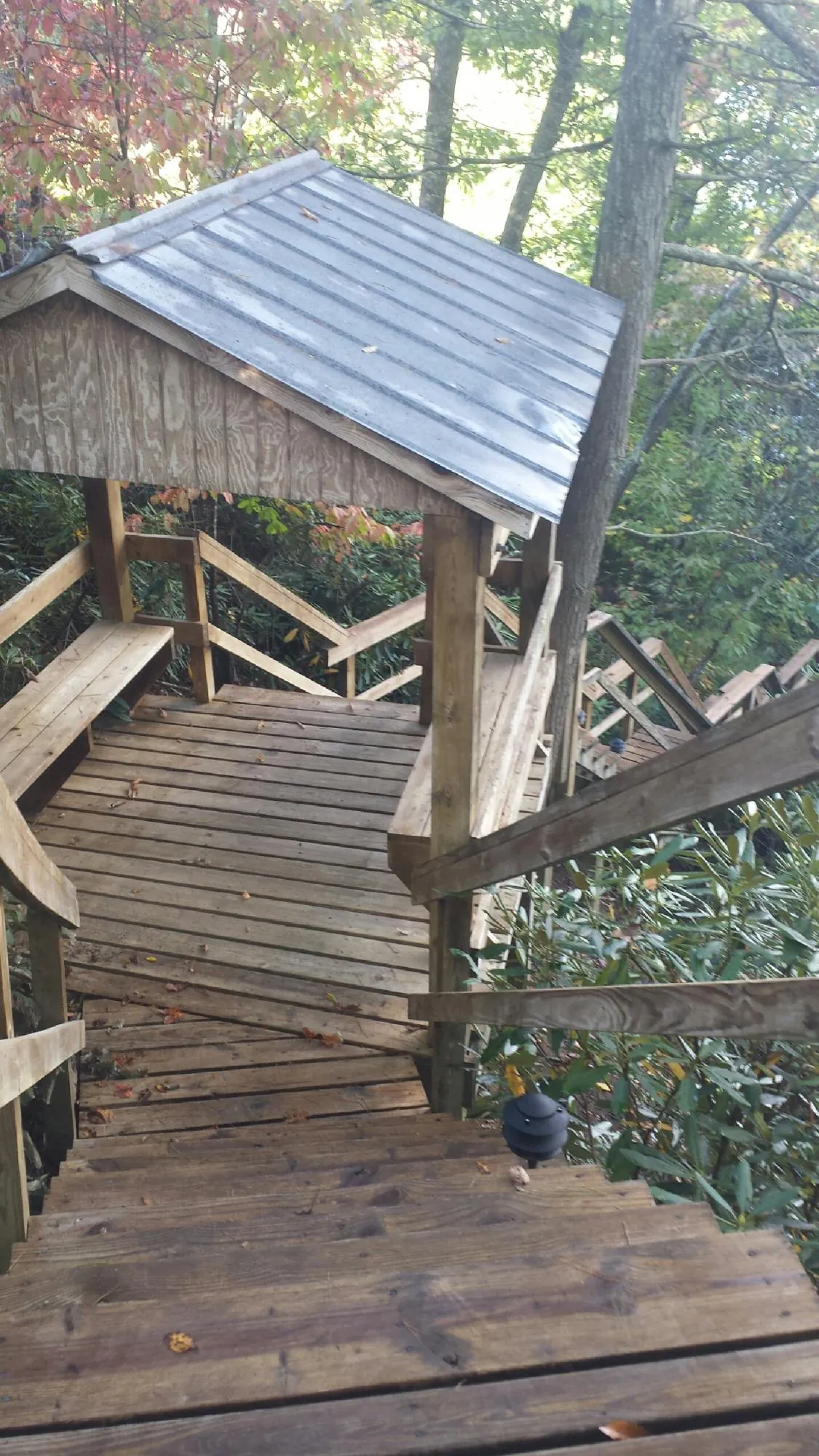 Metal roofed shelter over wooden steps on a wooded walkway — Skylight Repair & Installation work by our crew in Homeworth